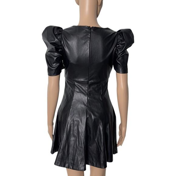 Lulu's Black Vegan Leather Puff Sleeve Fit and Flare Mini Dress (XS) - Picture 4 of 15